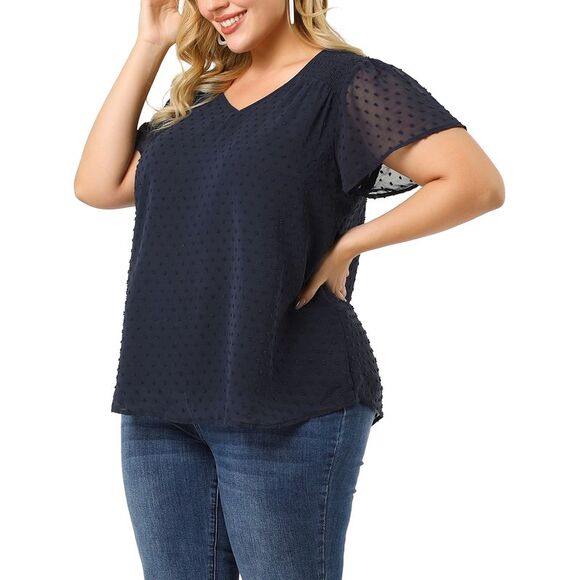 Plus Size Blouses Women Pin Dots Smocked Flare Sleeve Tops Royal Blue - Picture 1 of 6
